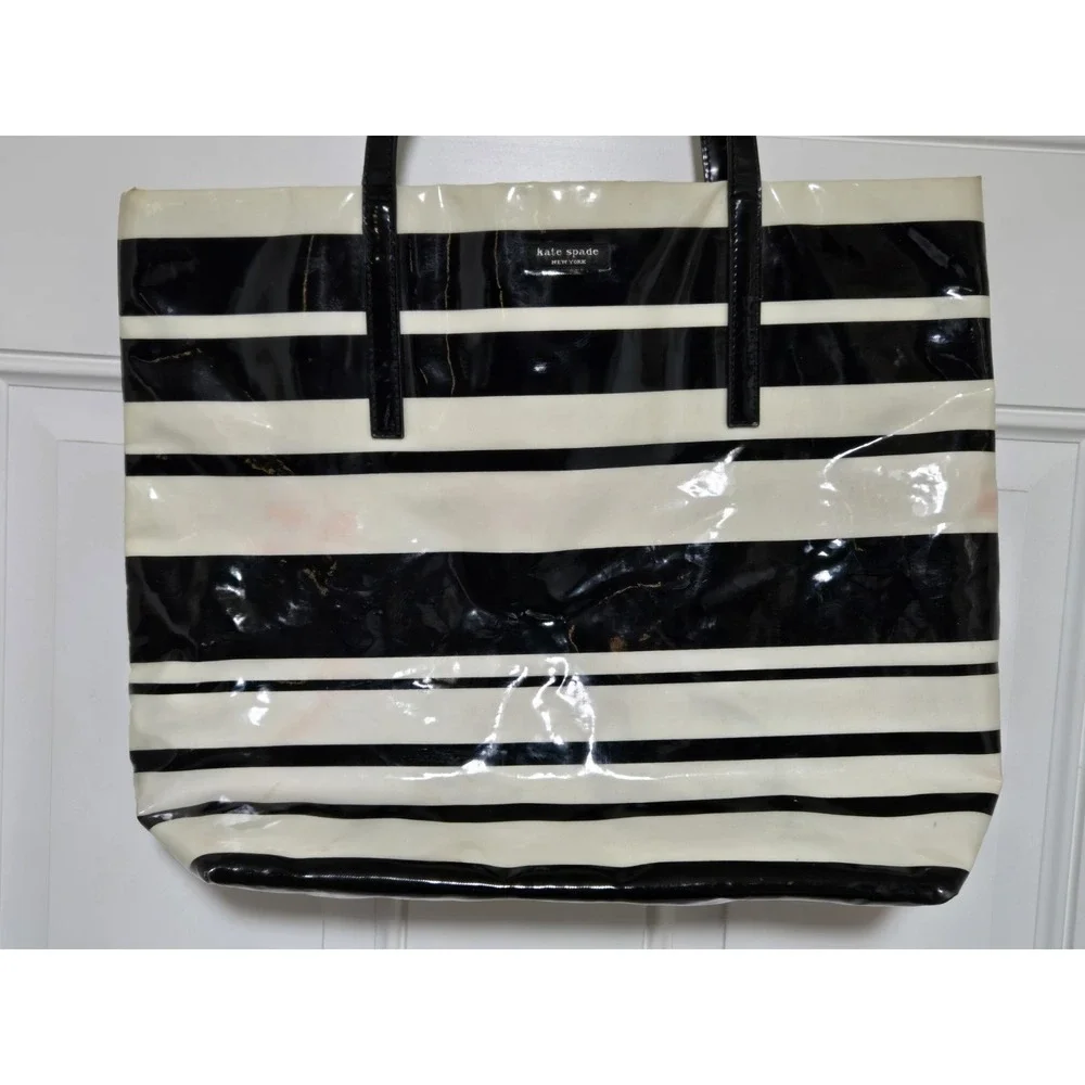 Kate Spade New‎ York Vinyl Tote Bag Black White Stripes Needs Cleaned Read!